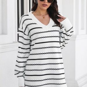 Black and White Striped V-Neck Sweater DRESS